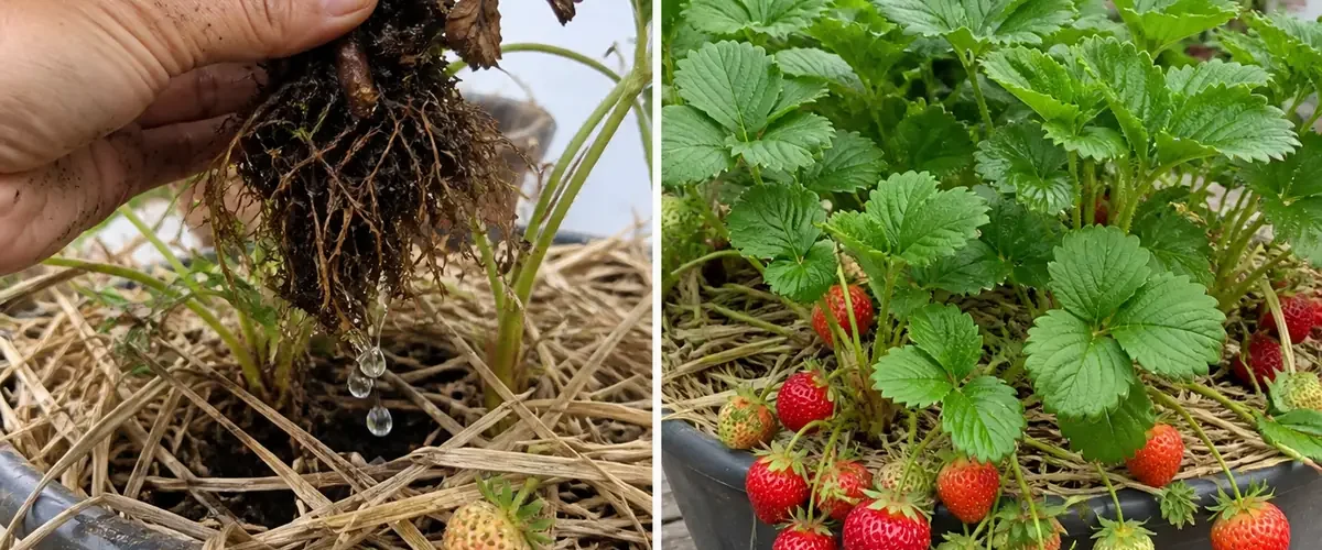 Crowded strawberry crowns before clean mulched plants and ripe berries afterward