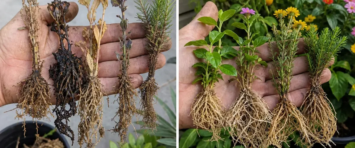 Weather-stressed plants before firm healthy new growth afterward