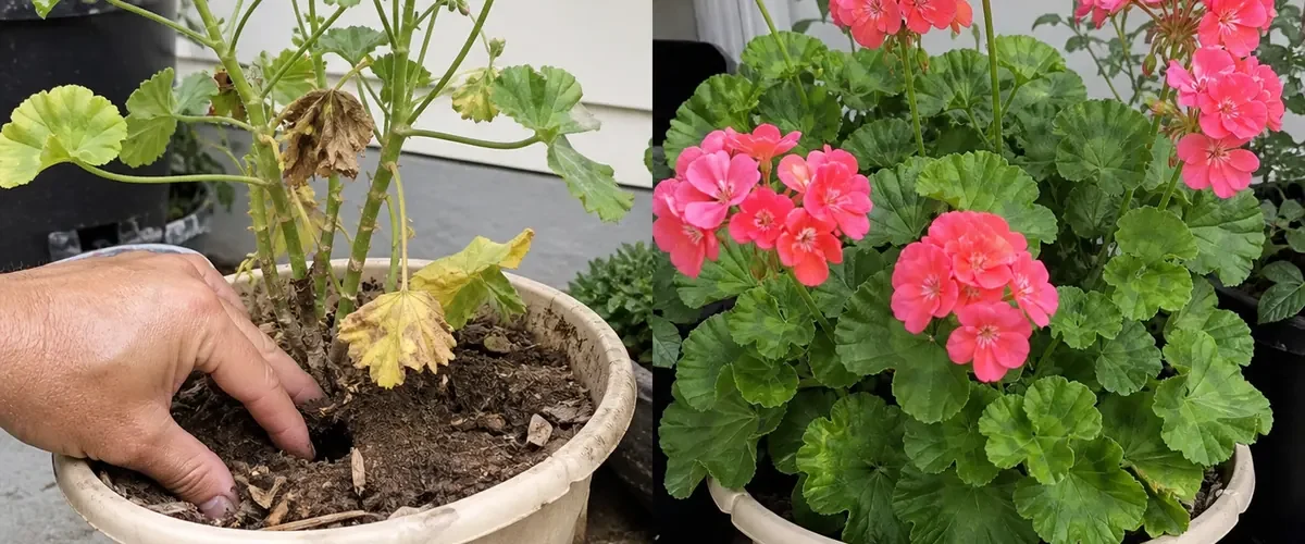 Leggy tired geranium before a compact mound of red flowers afterward