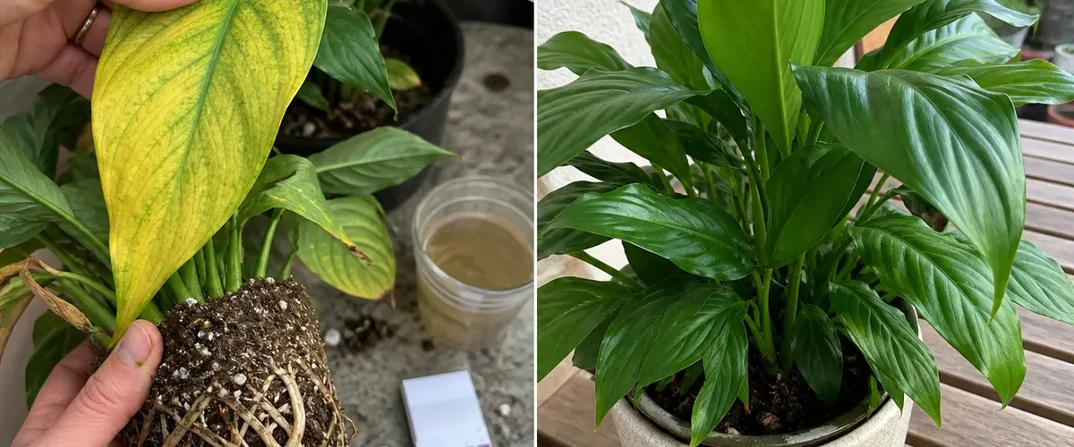 Pale leaves beside Epsom salt before healthy even green new foliage afterward