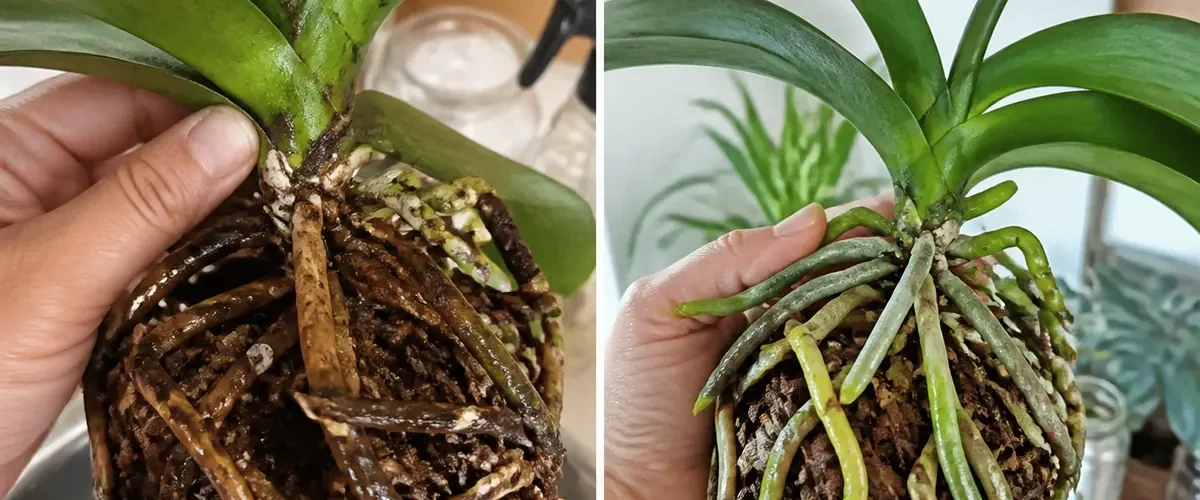 Sticky orchid roots beside kitchen mixtures before clean roots and blooms afterward