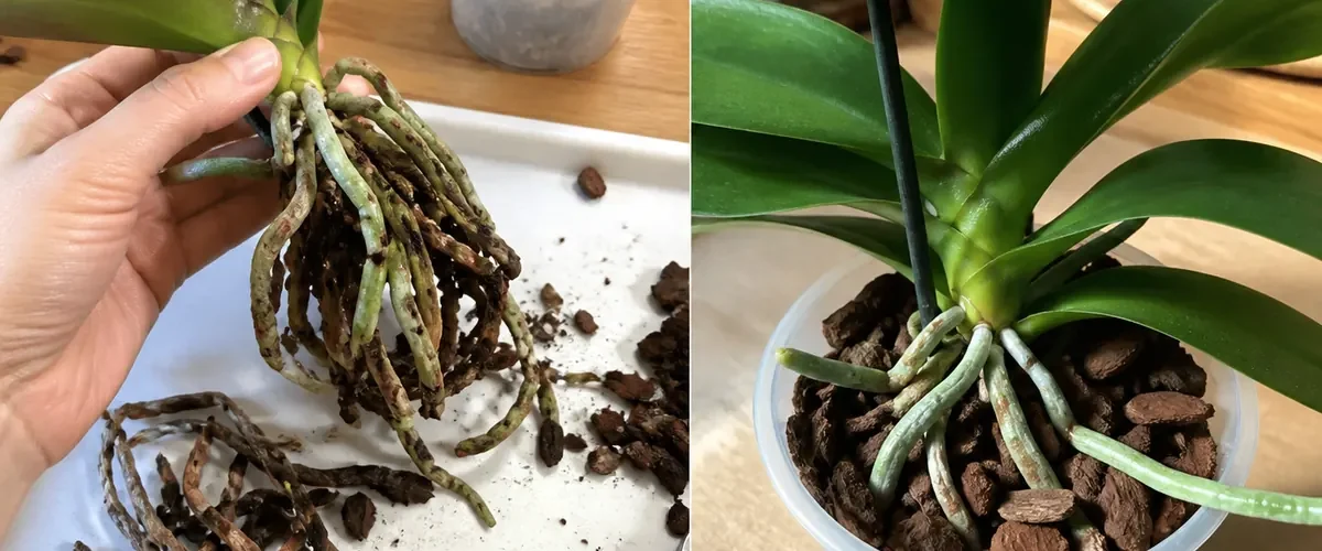 Declining orchid roots before green root tips and a new leaf afterward